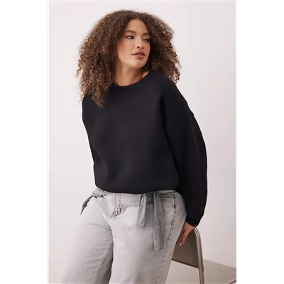 Siyah Oversize/Rahat Kesim Basic Bisiklet Yaka Kalın/İçi polarlı Örme Sweatshirt TBBAW25AO00008