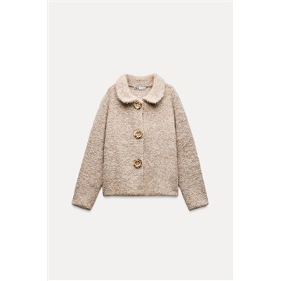 FAUX FUR KNIT JACKET WITH FLOWER BUTTONS