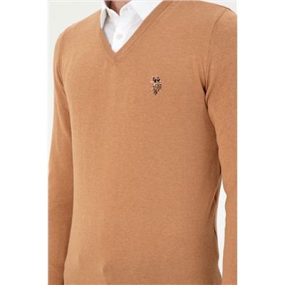 Erkek Slim Fit V Yaka Camel Melanj Basic Kazak