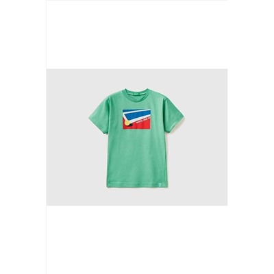 United Colors of BenettonErkek Çocuk Nane Yeşili Tenis Kortu Baskılı T-shirt