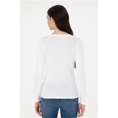 Kadın Beyaz Bisiklet Yaka Sweatshirt