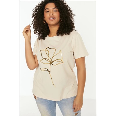 Bej Bisiklet Yaka Metalik Baskılı %100 Pamuk Örme T-Shirt TBBSS22TS2287