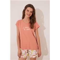 Pijama corto algodón naranja hojas