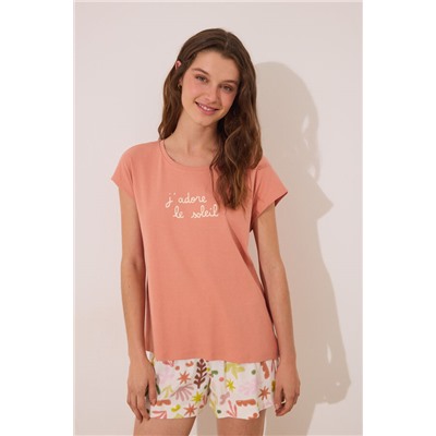 Pijama corto algodón naranja hojas