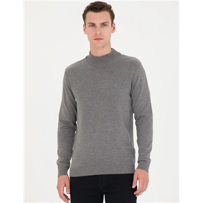 Gri Melanj Slim Fit Yarım Balıkçı Basic Triko Kazak