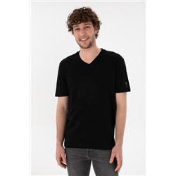 Erkek Regular Fit  V Yaka Siyah Basic Tişört