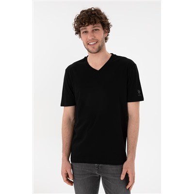 Erkek Regular Fit  V Yaka Siyah Basic Tişört