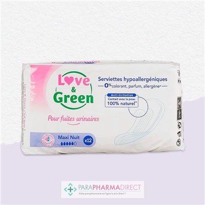 Love&Green Fuites Urinaires - Serviettes Hypoallergéniques - Maxi Nuit x12