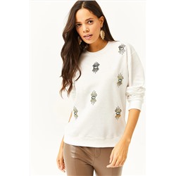 OlalookKadın Beyaz Göz Nakışlı Mevsimlik Sweatshirt SWT-19000598