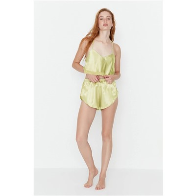 TRENDYOLMİLLA Sarı Dantel Detaylı Crop Saten Dokuma Pijama Takımı THMSS22PT0264