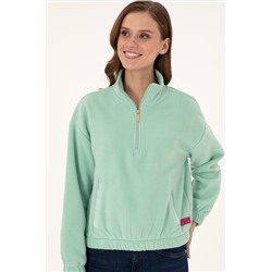 Kadın Su Yeşili Dik Yaka Fermuarlı Polar Sweatshirt