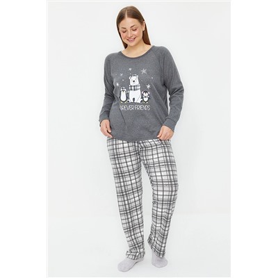 Trendyol Curve Füme Ekose / Kareli Yumoş Örme Pijama Takımı TBBAW24AI00039
