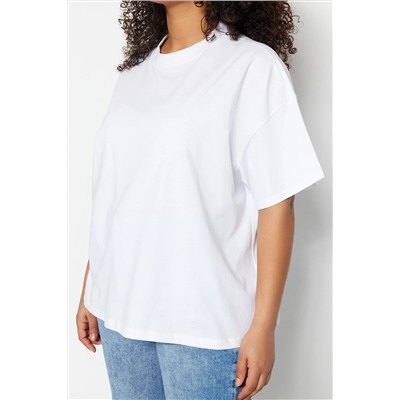 Beyaz Yaka Ribanalı Geniş Kalıp Basic %100 Pamuk Örme T-shirt TBBSS23BF00017