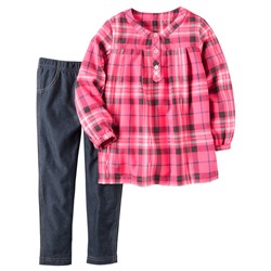 2-Piece Neon Plaid Top & Denim Legging Set
