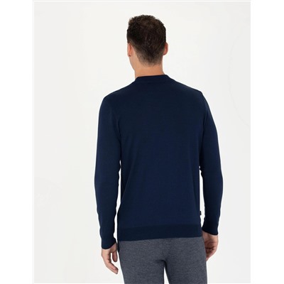 Açık Lacivert Slim Fit Çeyrek Yaka Basic Triko Kazak