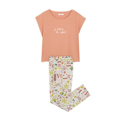 Pijama largo algodón naranja hojas