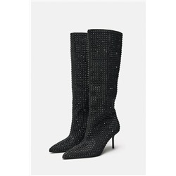 RHINESTONE DENIM HIGH-HEEL BOOTS