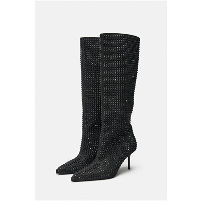 RHINESTONE DENIM HIGH-HEEL BOOTS