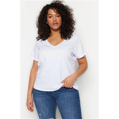 Siyah-Beyaz 2'li Paket Basic V Yaka %100 Pamuk Örme Büyük Beden T-Shirt TBBSS22TS0705