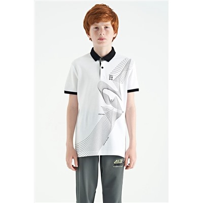 TOMMY LIFE, Beyaz Baskı Detaylı Standart Kalıp Polo Yaka Erkek Çocuk T-Shirt - 11164