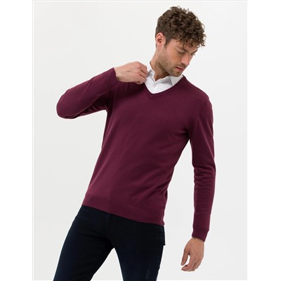 Bordo Slim Fit V Yaka Basic Triko Kazak