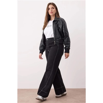 Antrasit Yüksek Bel Dikiş Detaylı Geniş Paça Büyük Beden Wide Leg Jeans TBBAW26CJ00017