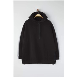 Gri Melanj Renk Bloklu Geniş Kalıp İçi Polarlı Örme Spor Büyük Beden Sweatshirt TBBAW26AO00011
