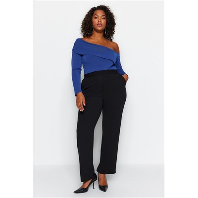 Siyah Straight Fit Yüksek Bel Krep Örme Büyük Beden Pantolon TBBAW24AR00008
