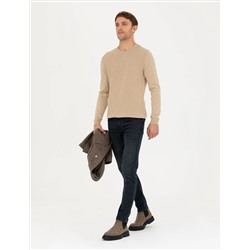 Bej Slim Fit Bisiklet Yaka Triko Kazak