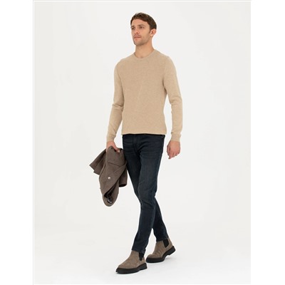 Bej Slim Fit Bisiklet Yaka Triko Kazak