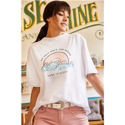 Olalook, Kadın Beyaz Ocean T-shirt TSH-19000294