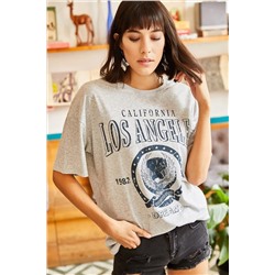 Olalook, Kadın Gri L.A. Baskılı Salaş T-Shirt TSH-19000503