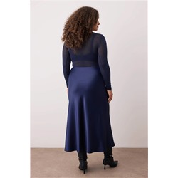 Lacivert Midi Boy Saten Dokuma Büyük Beden Etek TBBAW26AZ00008