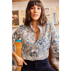 Olalook Kadın Ekru Mavi Desenli Viskon Gömlek GML-19000891