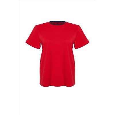 Kırmızı Renk Blok Detaylı Boyfriend %100 Pamuk Örme T-shirt TBBSS24BF00012