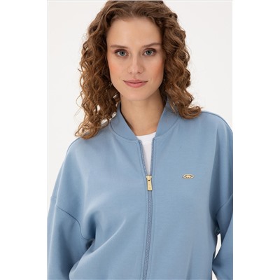 Kadın Açık Mavi Bisiklet Yaka Fermuarlı Sweatshirt