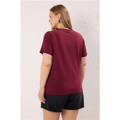 Bordo Regular Fit Basic Bisiklet Yaka %100 Pamuk Örme Büyük Beden T-Shirt TBBSS22TS0733