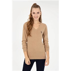 Kadın Camel Melanj Basic V - Yaka Kazak