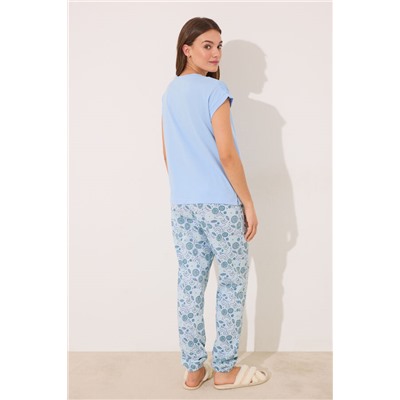 Pijama largo 100% algodón azul flores