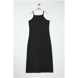 Siyah Halter Yaka Bürümcük Dokulu Kumaş Maxi Boy Örme Büyük Beden Elbise TBBSS25AH00006