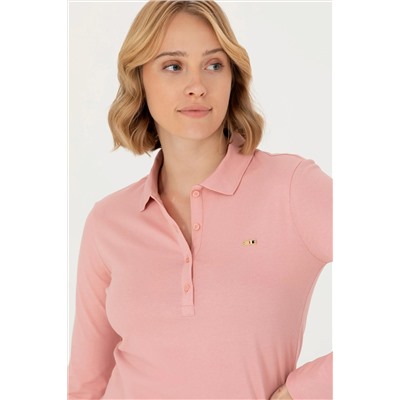 Kadın Pudra Basic Polo Yaka Sweatshirt