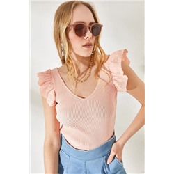 Olalook, Kadın Pudra Ön Arka V Omuzu Fırfırlı Triko Bluz BLZ-19001097