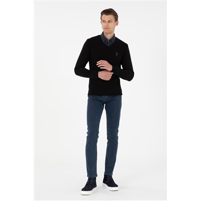 Erkek Slim Fit V Yaka Siyah Basic Kazak