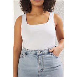 Beyaz Fitted/Vücuda Oturan Sırtı Detaylı Kare Yaka Çıtçıtlı Esnek Örme Body TBBSS25CS00002