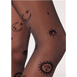 Transparente Strumpfhose 30 Denier mit „Mond und Sonne“-Flockprint
