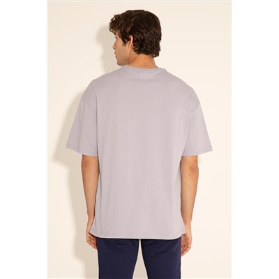 Erkek Oversize Fit Bisiklet Yaka Gri Tişört