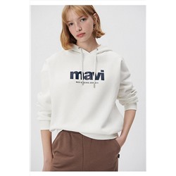 Mavi Logo Baskılı Kapüşonlu Ekru Sweatshirt 168334-81964