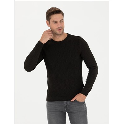 Kahverengi Slim Fit Bisiklet Yaka Triko Kazak