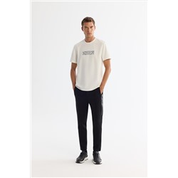 Ekru Bisiklet Yaka Baskılı Elastan T-Shirt