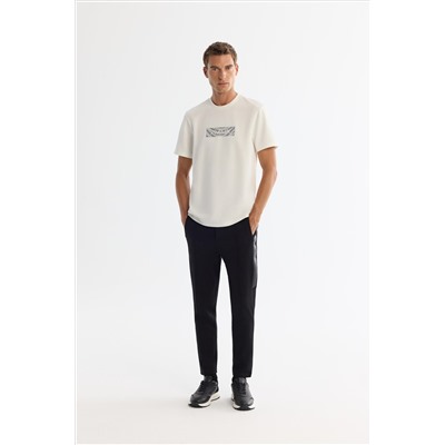 Ekru Bisiklet Yaka Baskılı Elastan T-Shirt